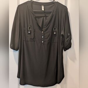 Perseption Black Blouse 3/4 Sleeve With Gold Button Accents 1X